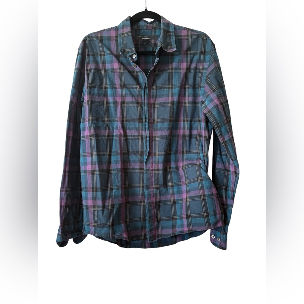 Marc By Marc Jacobs Men's Blue and Purple Plaid Button Down